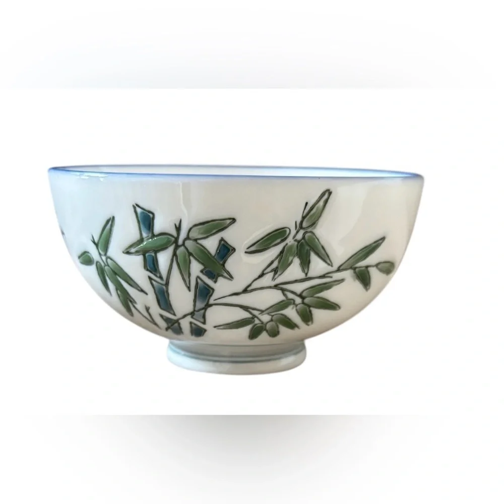 Hand-Painted Chinese small Porcelain rice Bowls 2  hand stamped bamboo butterfly